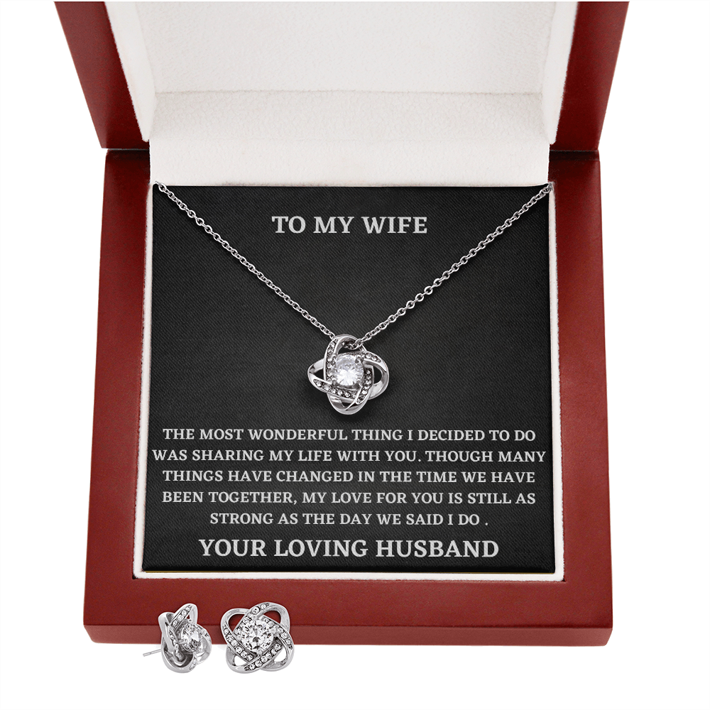 Wife Love Knot Necklace and Earring Set Gift from Husband – Romantic Jewelry with Heartfelt Message Card