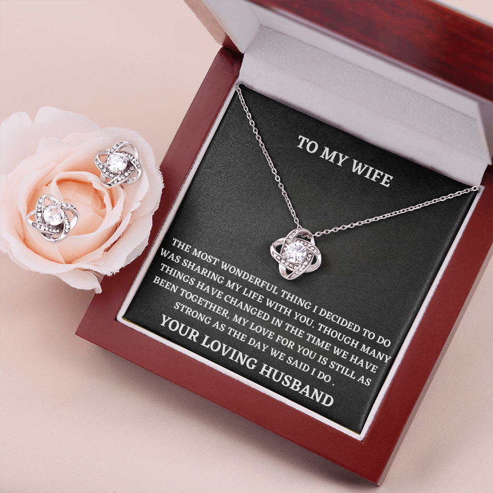 Wife Love Knot Necklace and Earring Set Gift from Husband – Romantic Jewelry with Heartfelt Message Card