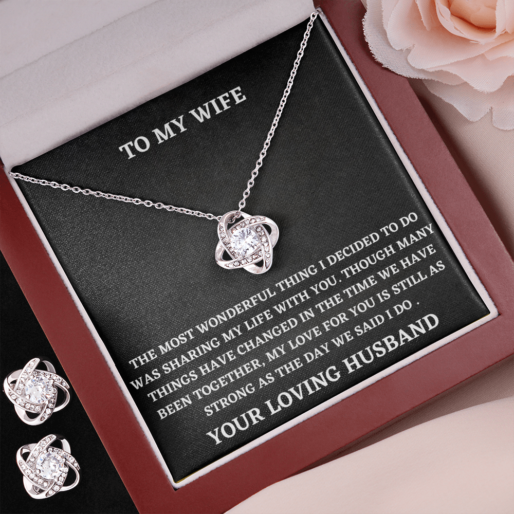 Wife Love Knot Necklace and Earring Set Gift from Husband – Romantic Jewelry with Heartfelt Message Card