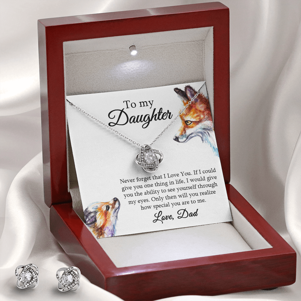 Daughter Necklace and Earrings Set – Gift from Dad with Fox Message Card