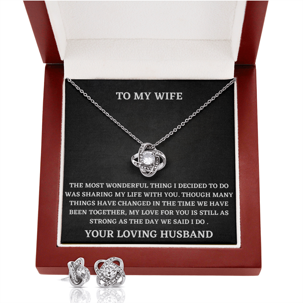 Wife Love Knot Necklace and Earring Set Gift from Husband – Romantic Jewelry with Heartfelt Message Card