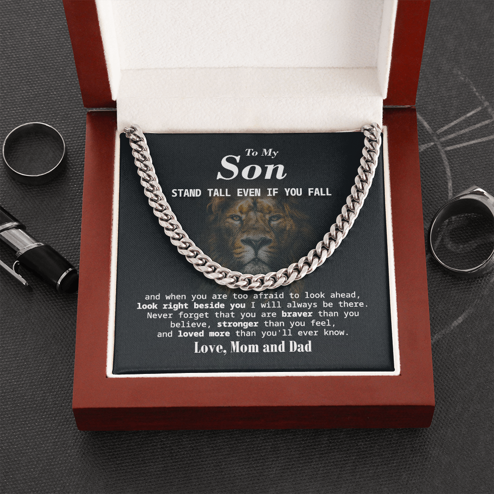 Cuban Chain Gift for Son from Mom and Dad with Inspirational Lion Message