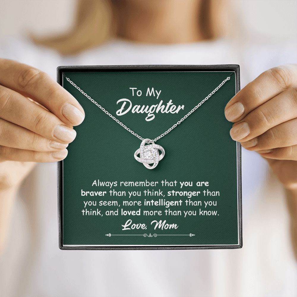 To My Daughter Necklace Gift from Mom – Love Knot Pendant with Inspirational Message Card