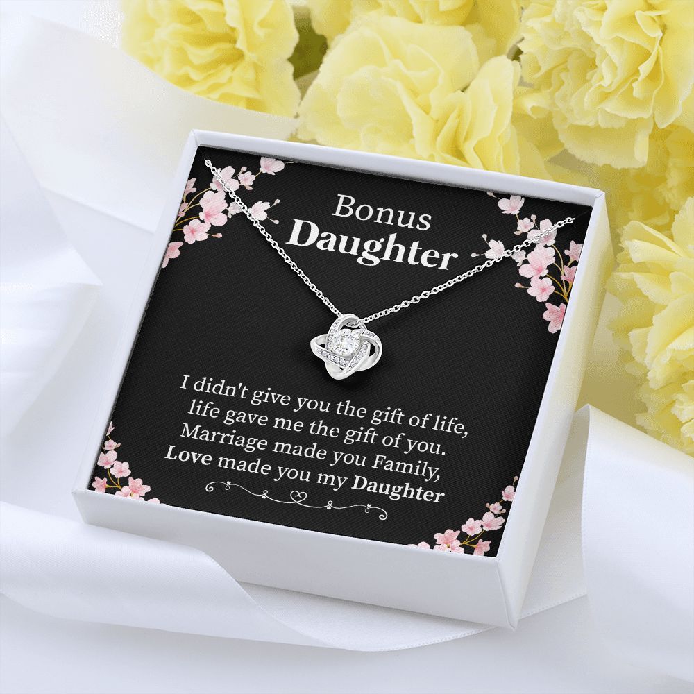 Bonus Daughter Necklace Gift from Stepmom or Stepfather – Love Knot Pendant with Meaningful Message Card
