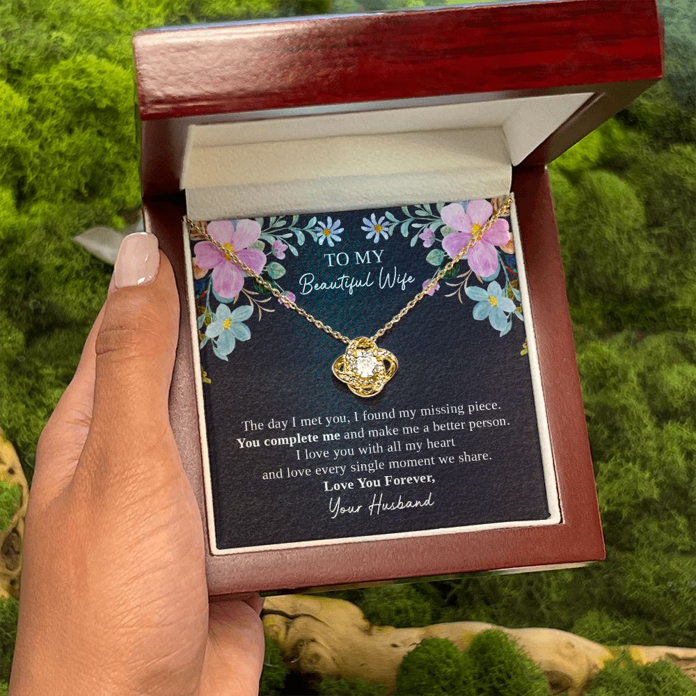 To My Beautiful Wife Necklace Gift from Husband with Love Knot Pendant and Romantic Message Card