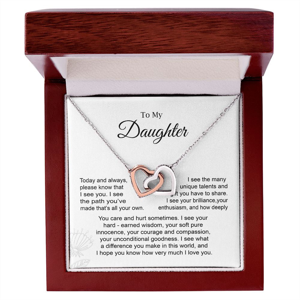 Daughter Necklace Gift with Interlocking Hearts and Card