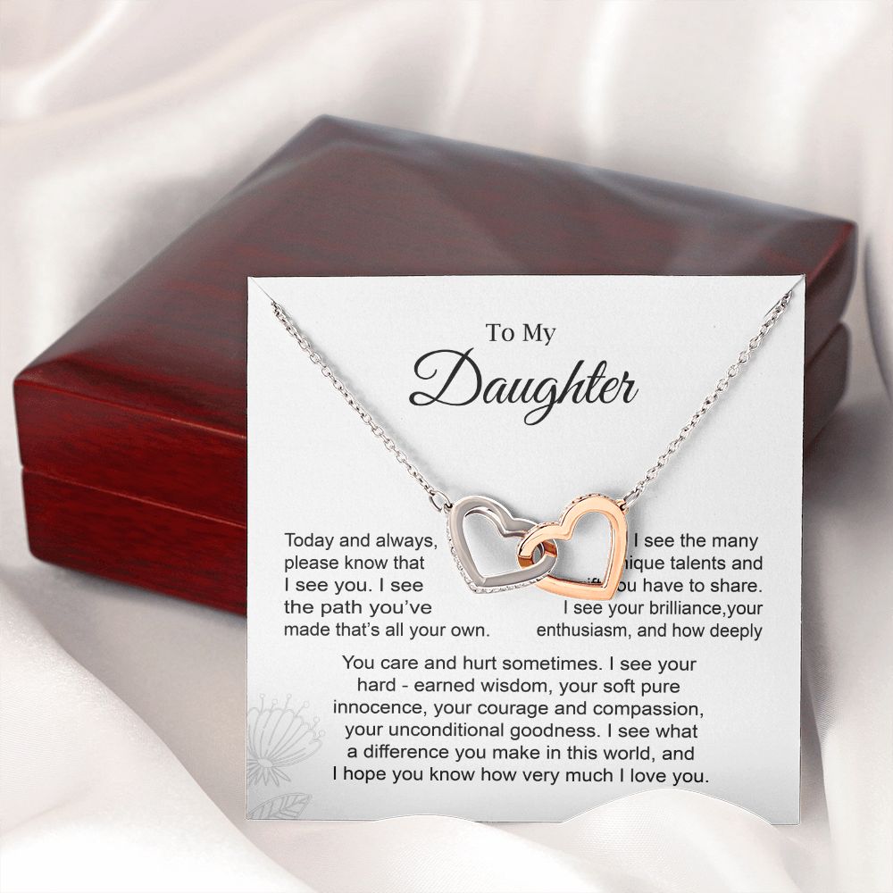 Daughter Necklace Gift with Interlocking Hearts and Card