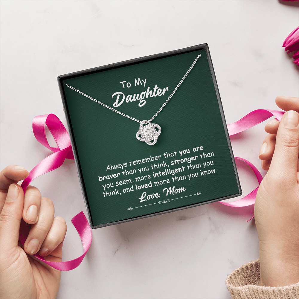 To My Daughter Necklace Gift from Mom – Love Knot Pendant with Inspirational Message Card