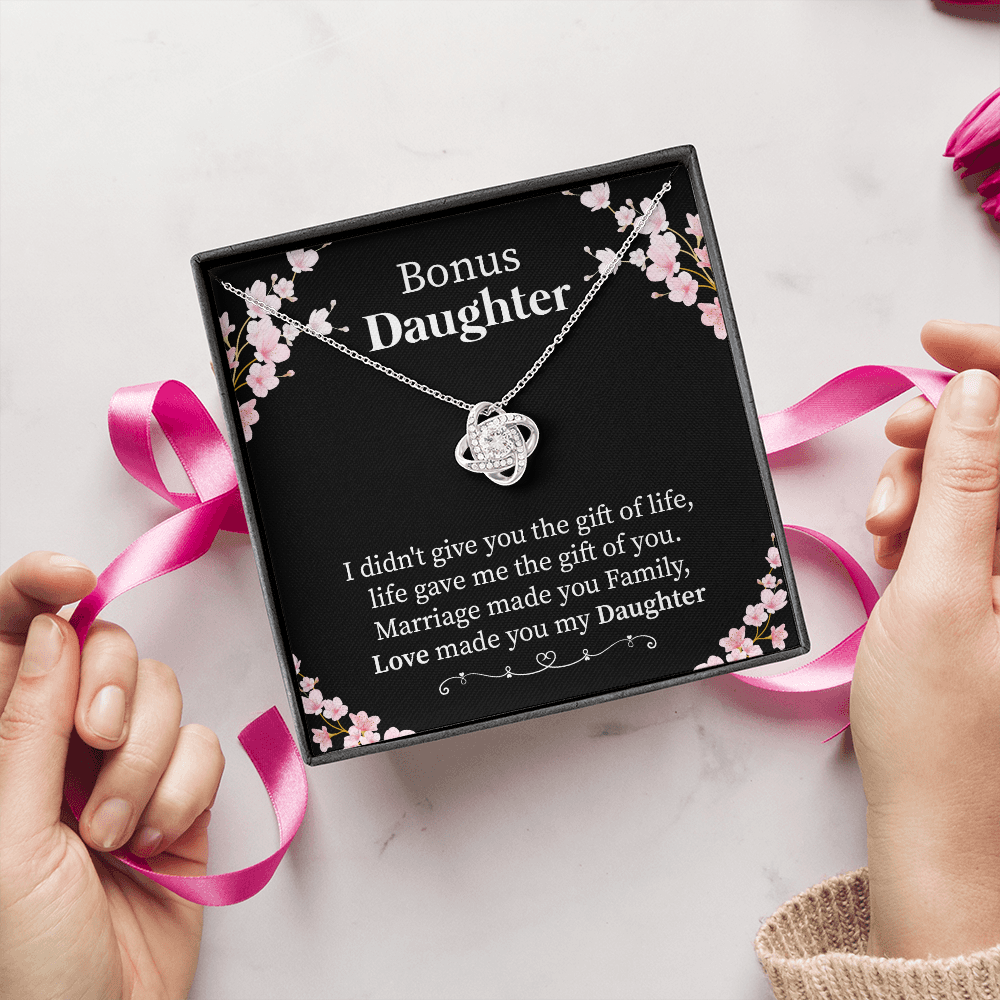 Bonus Daughter Necklace Gift from Stepmom or Stepfather – Love Knot Pendant with Meaningful Message Card