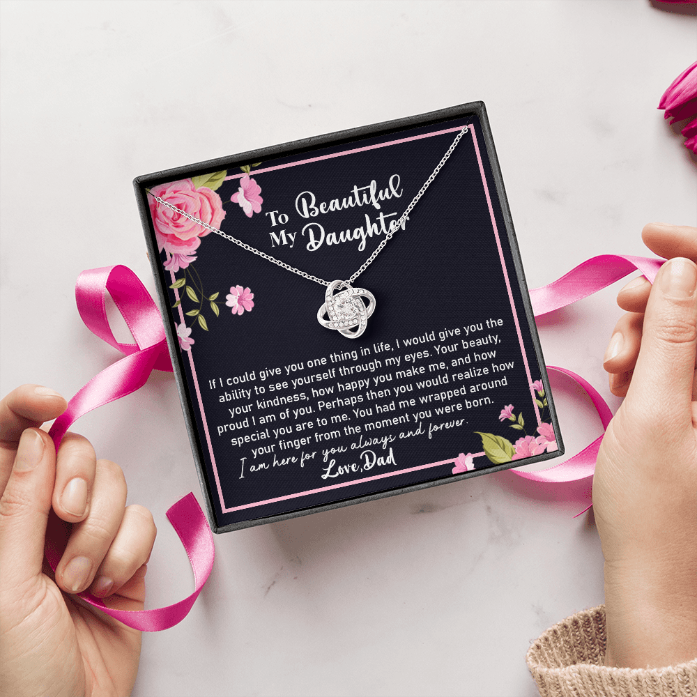 Beautiful Daughter Necklace Gift from Dad – Love Knot Pendant with Sentimental Message Card