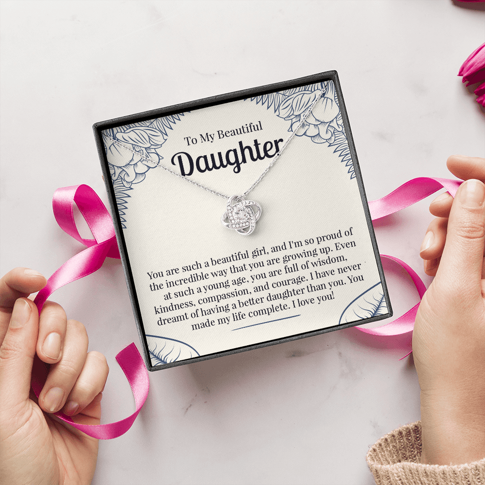 To My Beautiful Daughter Necklace Gift – Love Knot Pendant with Heartfelt Message Card