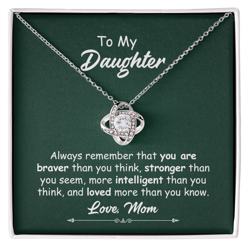 To My Daughter Necklace Gift from Mom – Love Knot Pendant with Inspirational Message Card