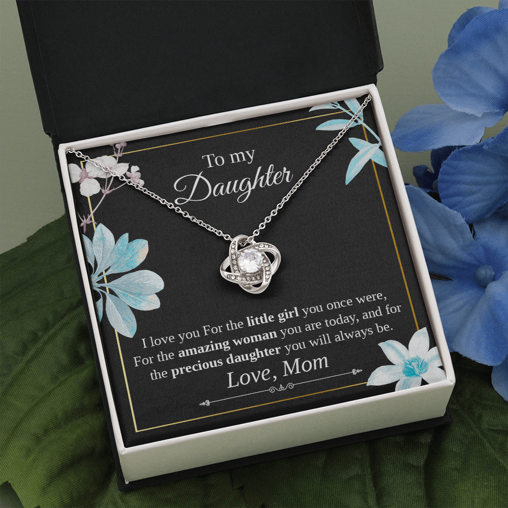 To My Daughter Necklace Gift from Mom – Love Knot Pendant with Sentimental Message Card
