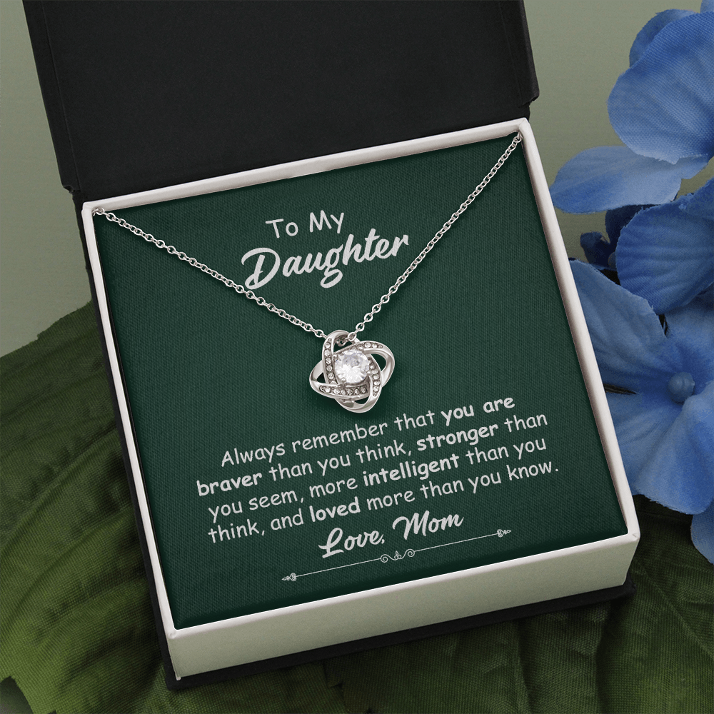 To My Daughter Necklace Gift from Mom – Love Knot Pendant with Inspirational Message Card