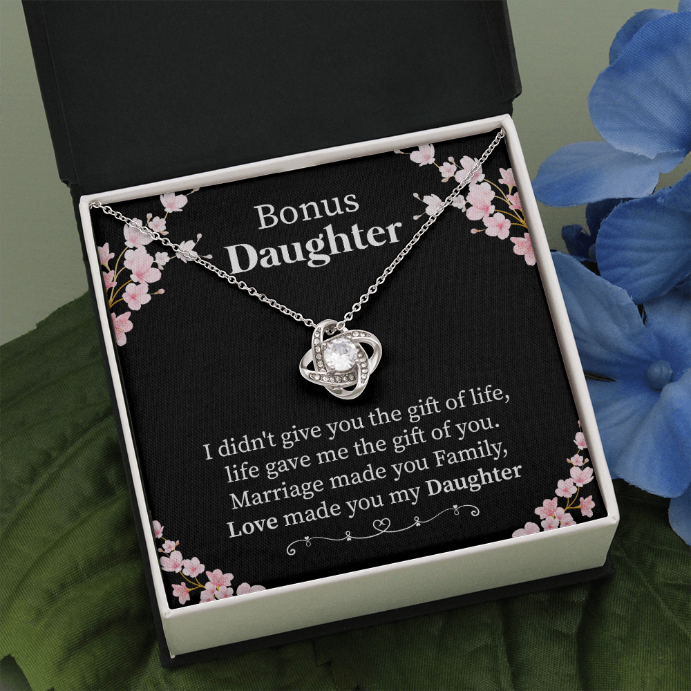 Bonus Daughter Necklace Gift from Stepmom or Stepfather – Love Knot Pendant with Meaningful Message Card