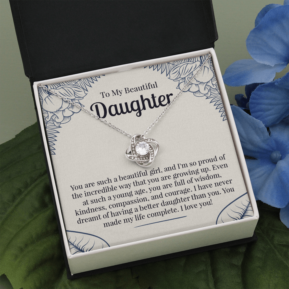 To My Beautiful Daughter Necklace Gift – Love Knot Pendant with Heartfelt Message Card