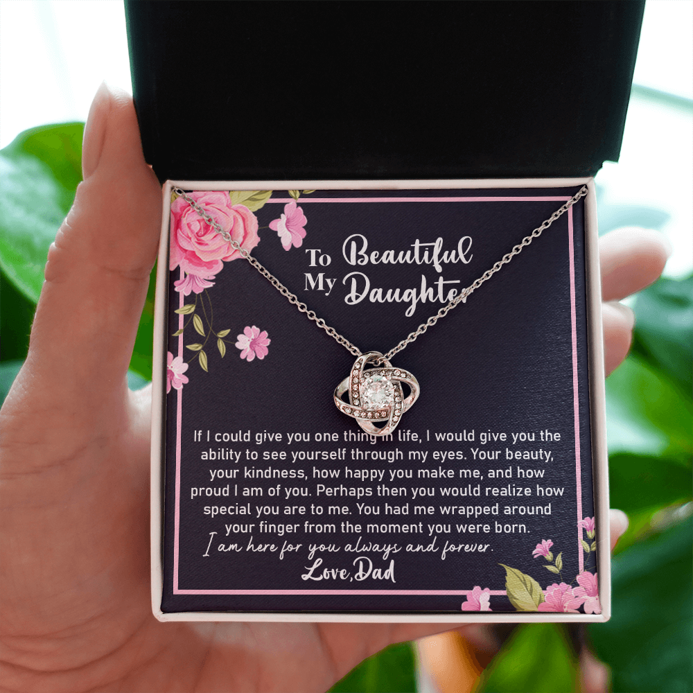 Beautiful Daughter Necklace Gift from Dad – Love Knot Pendant with Sentimental Message Card