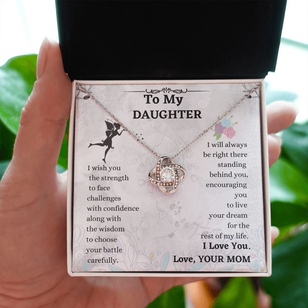 Daughter Necklace Gift from Mom – Love Knot Pendant with Message Card