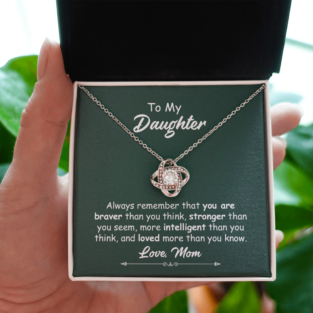 To My Daughter Necklace Gift from Mom – Love Knot Pendant with Inspirational Message Card