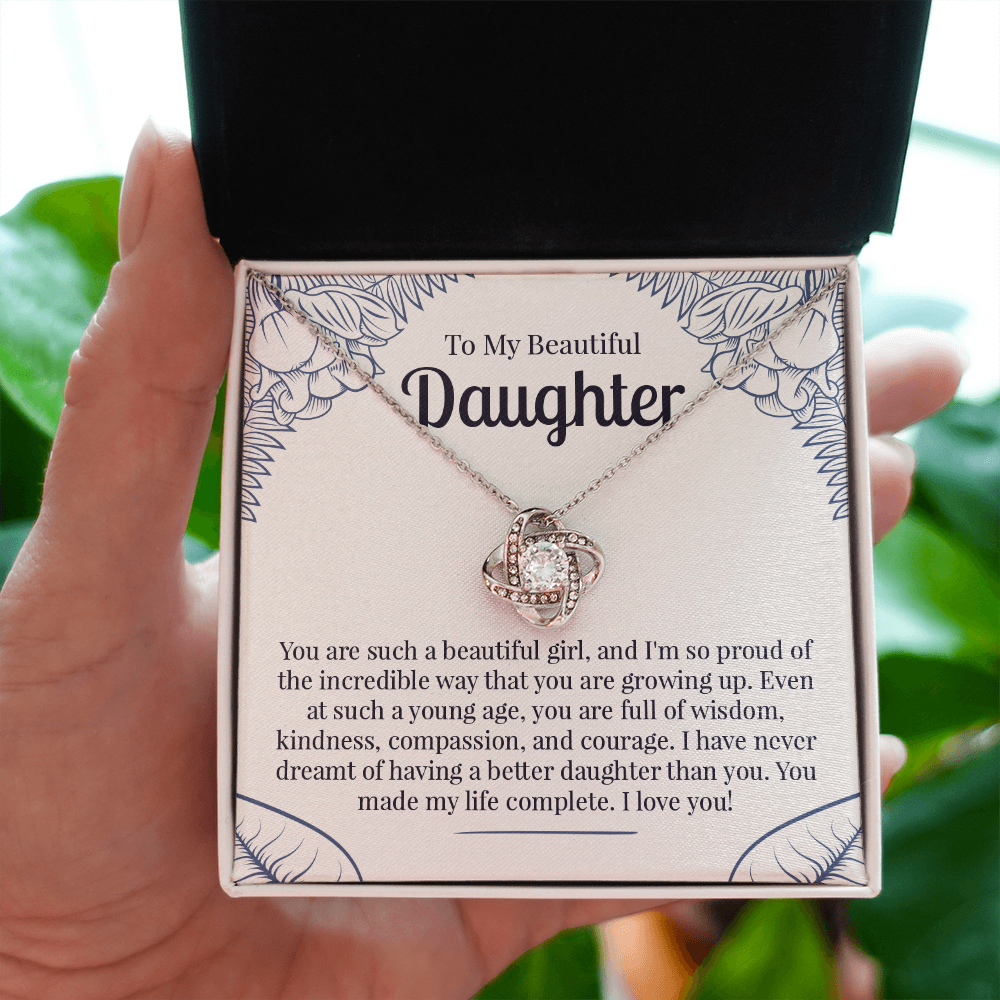To My Beautiful Daughter Necklace Gift – Love Knot Pendant with Heartfelt Message Card