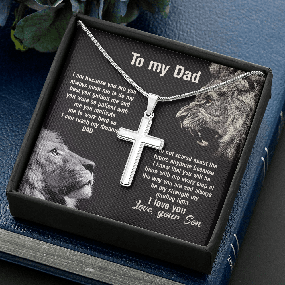 Dad Cross Necklace Gift from Son – Double Lion Artwork Pendant with Inspirational Message Card