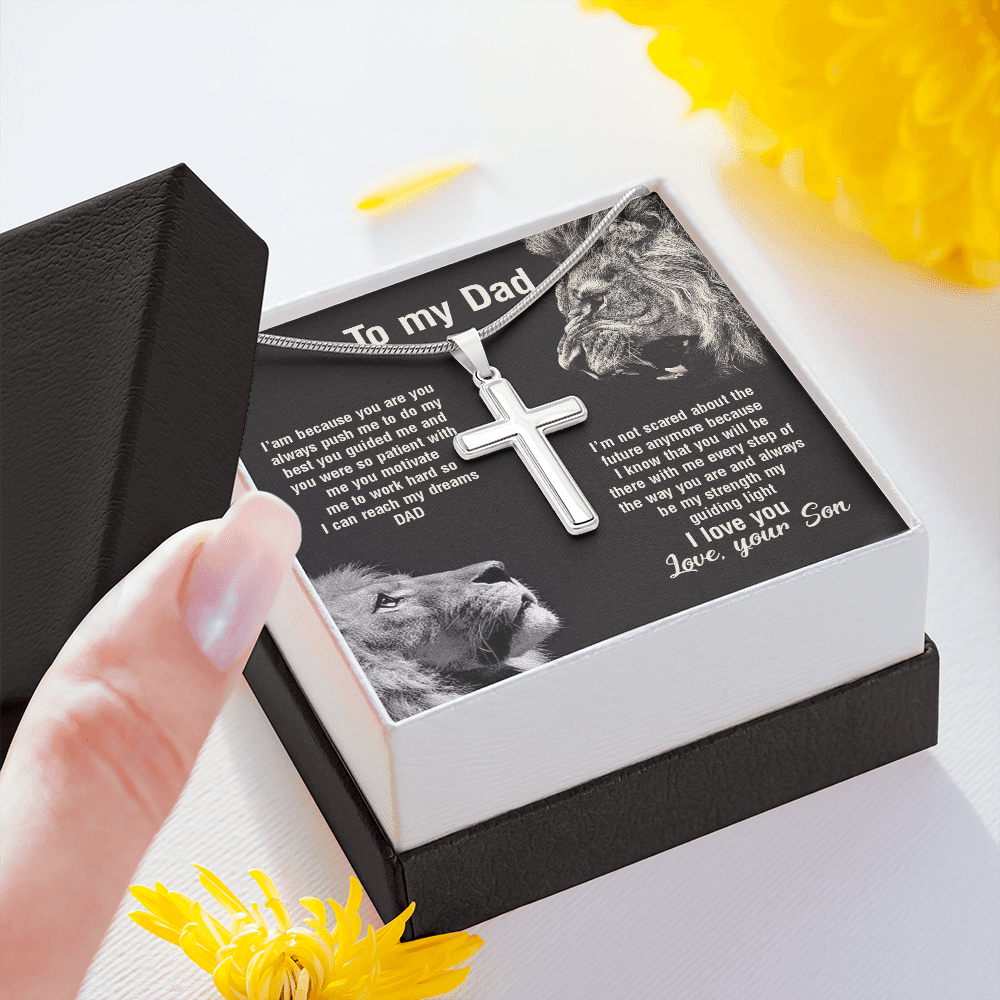Dad Cross Necklace Gift from Son – Double Lion Artwork Pendant with Inspirational Message Card
