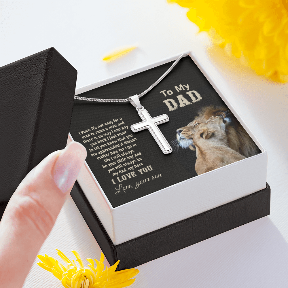 Dad Cross Necklace Gift from Son – Lion Artwork Pendant with Heartfelt Message Card