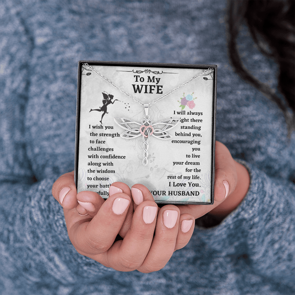 Wife Dragonfly Necklace Gift from Husband – Heart Accented Pendant with Encouragement Message Card