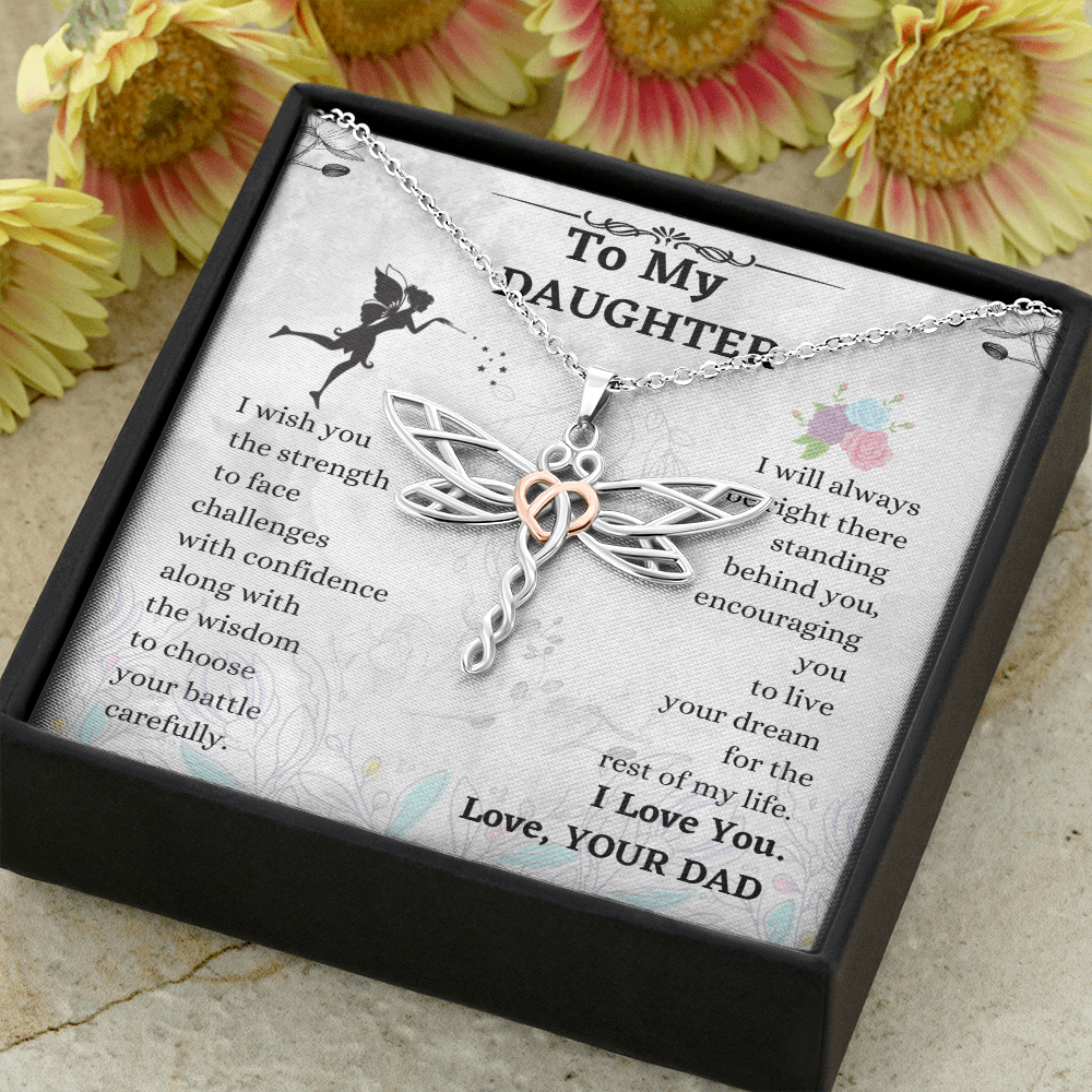 Daughter Dragonfly Necklace Gift from Dad – Heart Accented Pendant with Encouragement Message Card