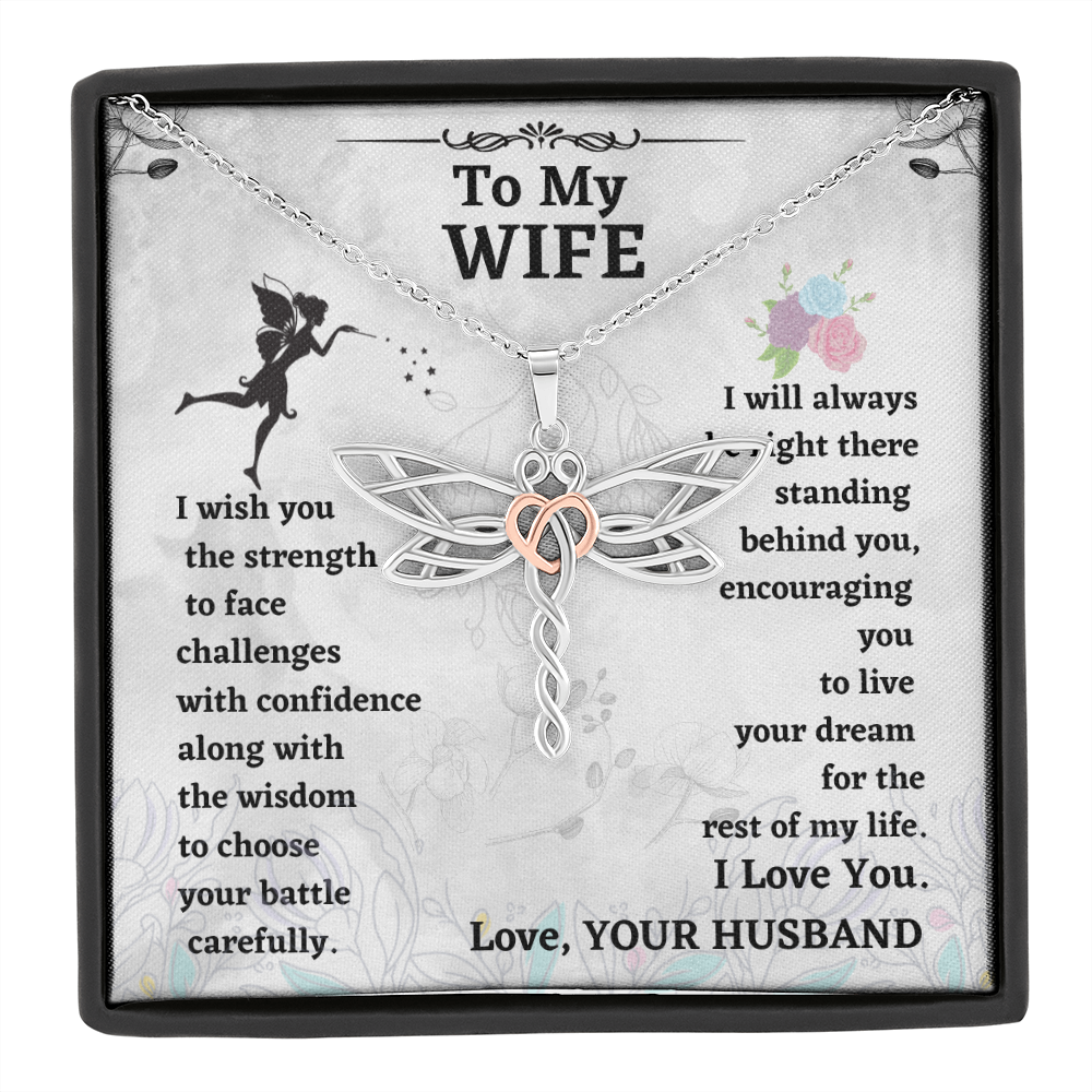 Wife Dragonfly Necklace Gift from Husband – Heart Accented Pendant with Encouragement Message Card