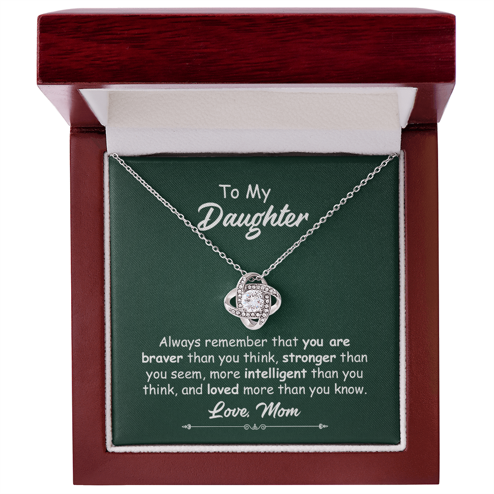 To My Daughter Necklace Gift from Mom – Love Knot Pendant with Inspirational Message Card