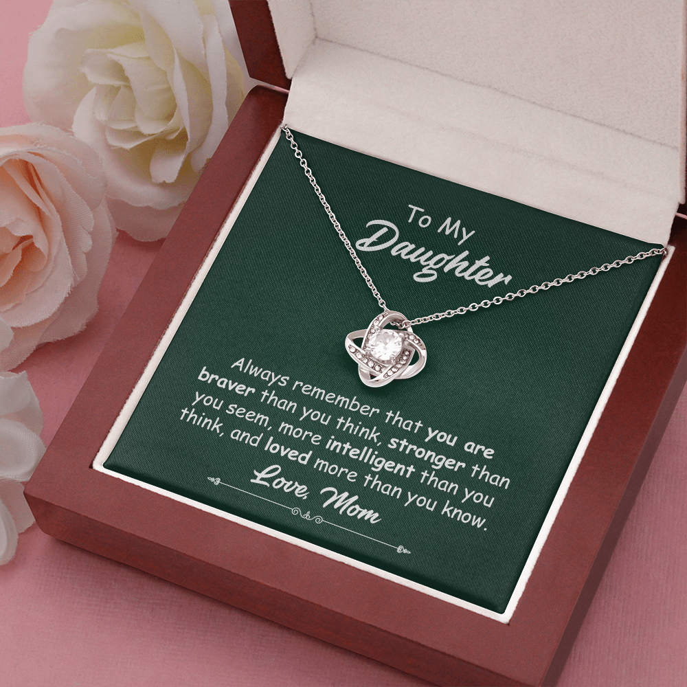 To My Daughter Necklace Gift from Mom – Love Knot Pendant with Inspirational Message Card