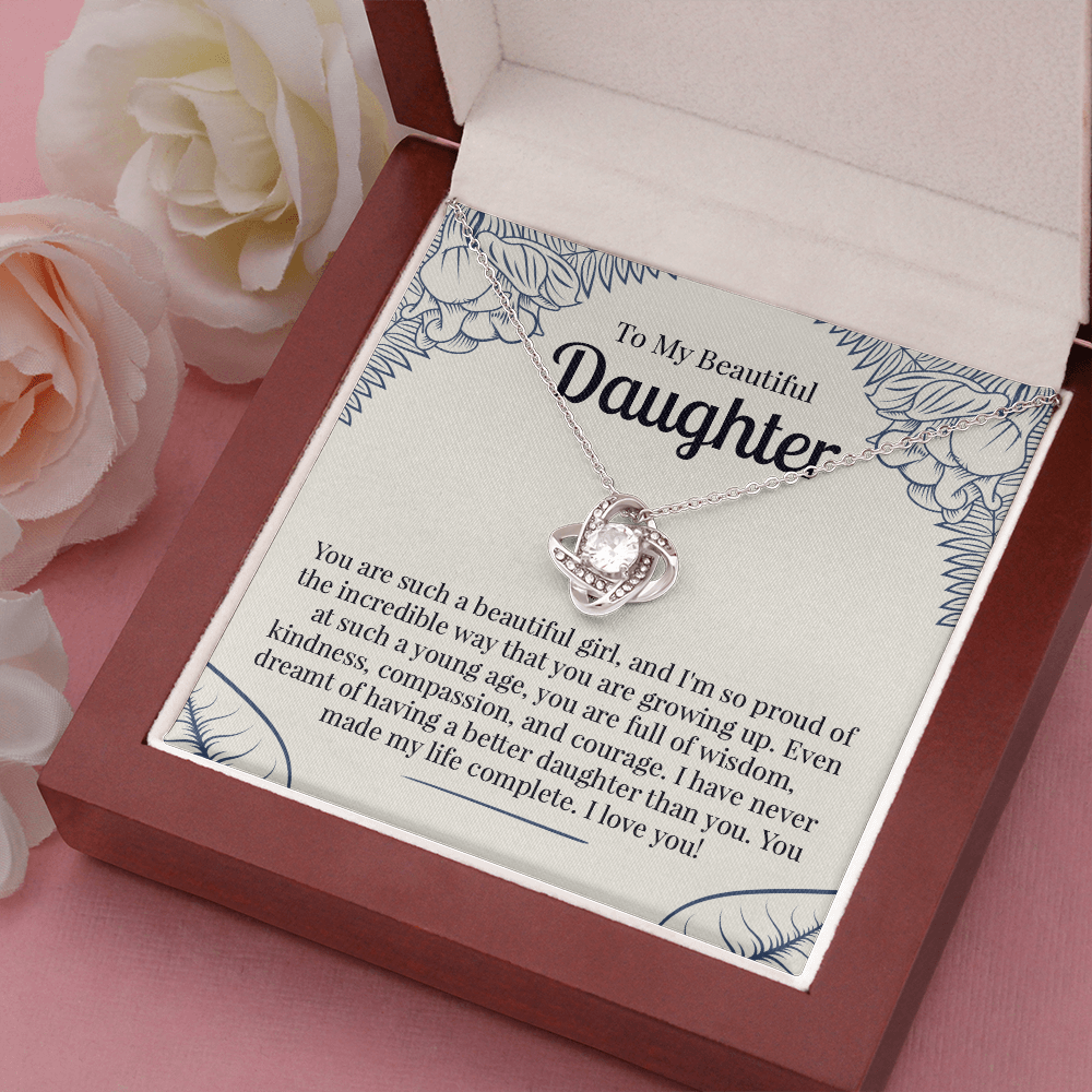 To My Beautiful Daughter Necklace Gift – Love Knot Pendant with Heartfelt Message Card