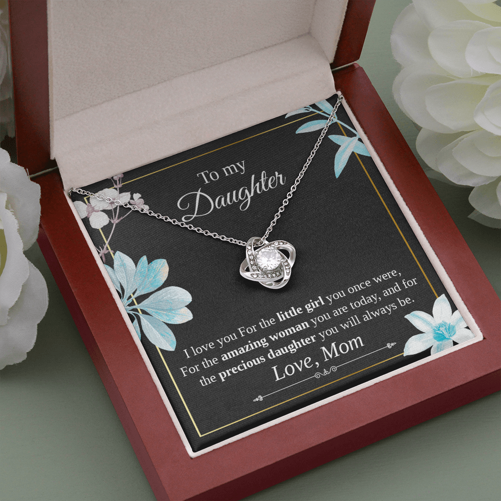 To My Daughter Necklace Gift from Mom – Love Knot Pendant with Sentimental Message Card