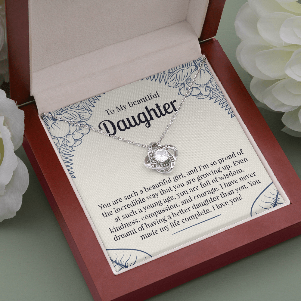 To My Beautiful Daughter Necklace Gift – Love Knot Pendant with Heartfelt Message Card
