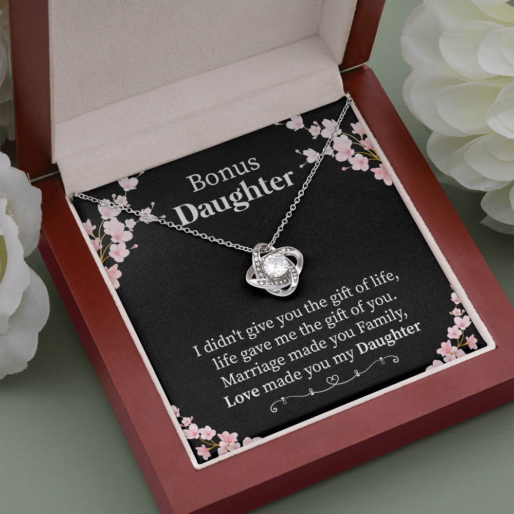 Bonus Daughter Necklace Gift from Stepmom or Stepfather – Love Knot Pendant with Meaningful Message Card