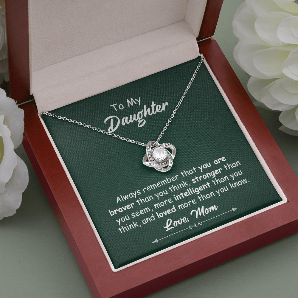 To My Daughter Necklace Gift from Mom – Love Knot Pendant with Inspirational Message Card