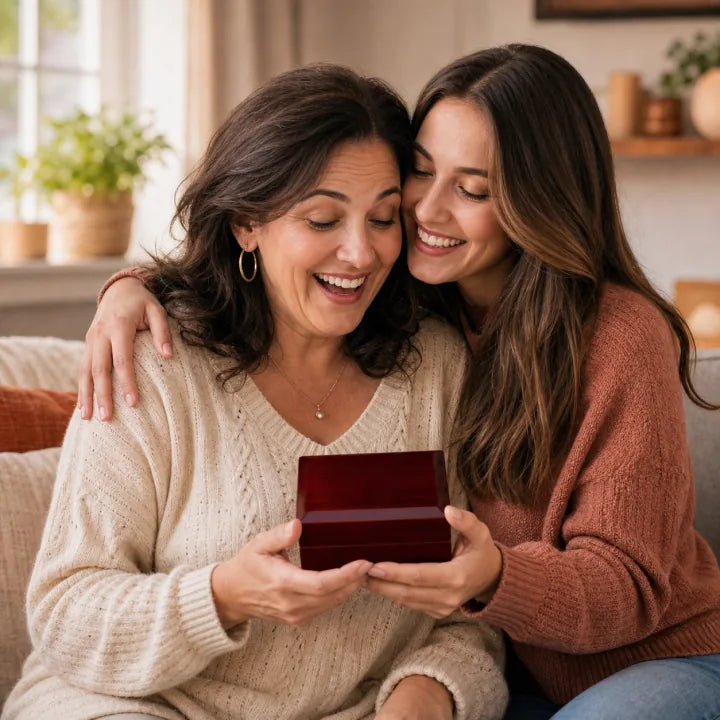 An aunt and niece sharing a joyful gift moment