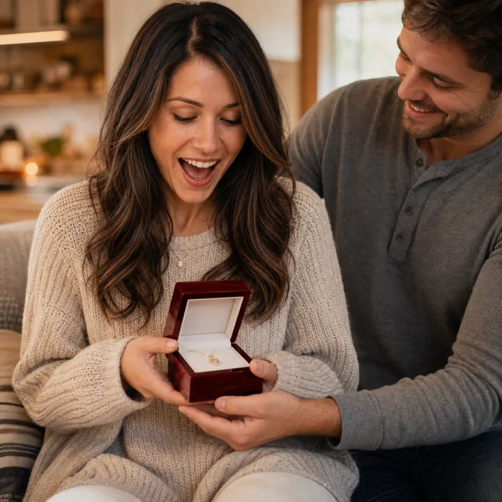 A woman receiving a best-selling jewelry gift