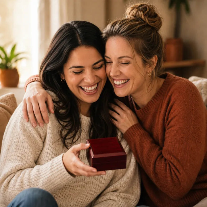 Two best friends sharing a joyful gift moment