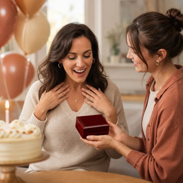 A joyful birthday jewelry gift moment