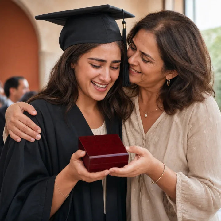 A graduate celebrating with a meaningful jewelry gift