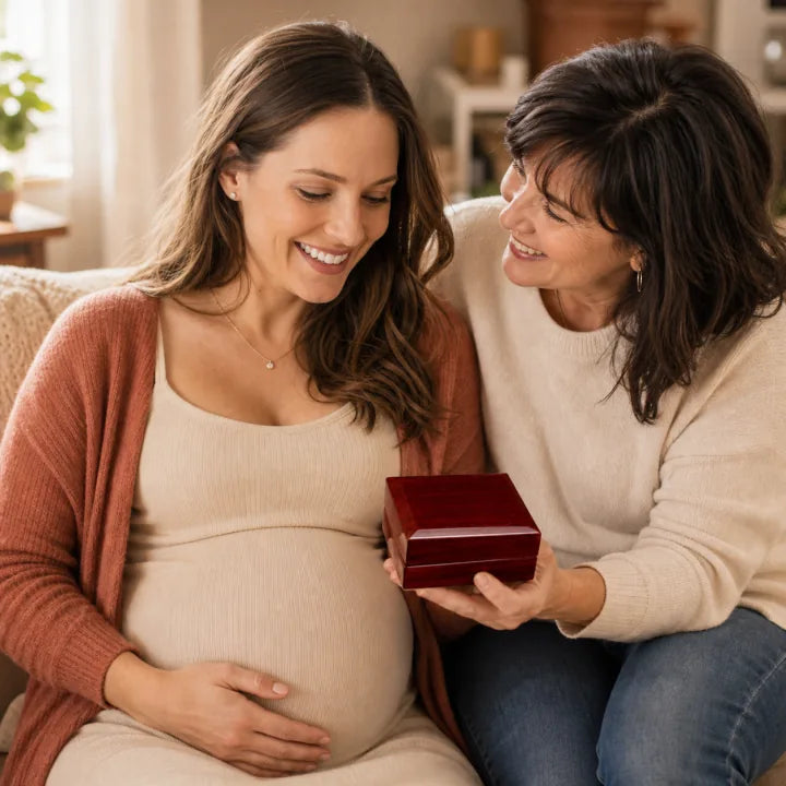 A mother-to-be celebrating with a meaningful jewelry gift