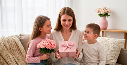 Smiling mother sitting between her daughter and son on a sofa, holding a pink wrapped gift and bouquet in a cozy home setting.