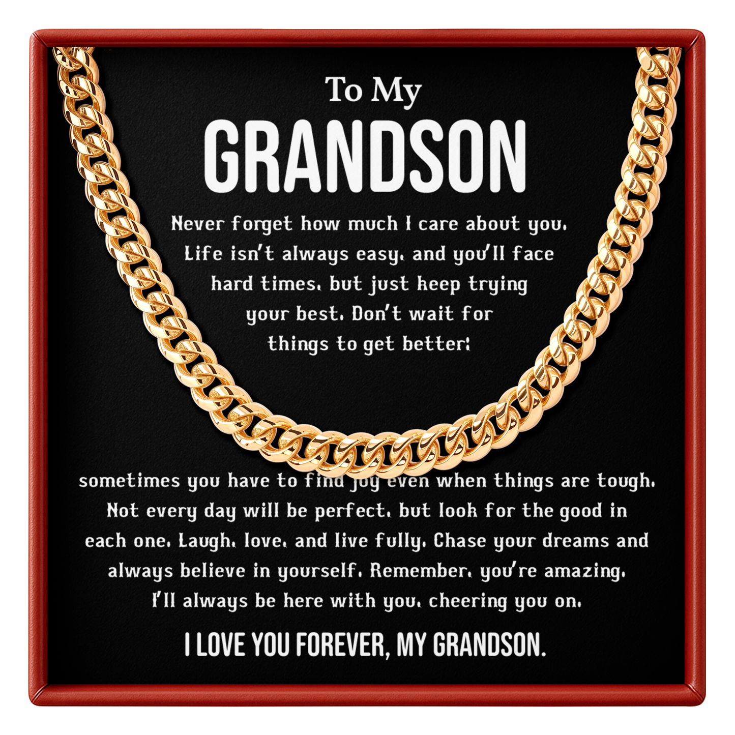 To My Grandson Cuban Link Chain Inspirational Gift from Grandma or Grandpa, Motivational Necklace for Him