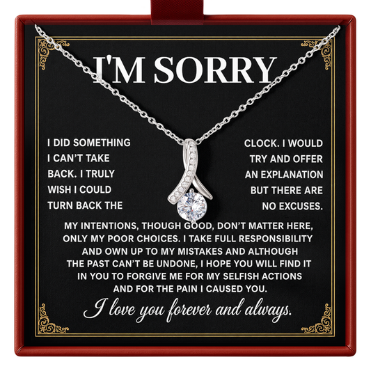 A necklace with a silver-toned pendant set with small clear stones, displayed on a black message card inside a red gift box. The card reads 'I'M SORRY' and includes sentimental apology text.