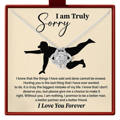 A silver necklace with a heart-shaped pendant set with clear stones, presented on a beige card inside a red gift box. The card features a black silhouette of a dog, the word 'Sorry', and a touching apology message.