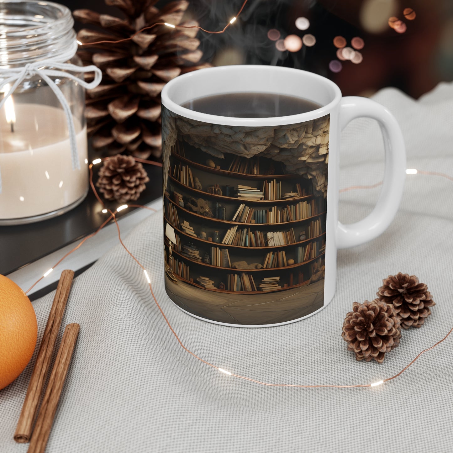 A vintage 3D bookshelf 11oz white Mug