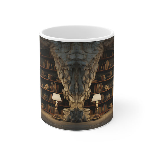 A vintage 3D bookshelf 11oz white Mug