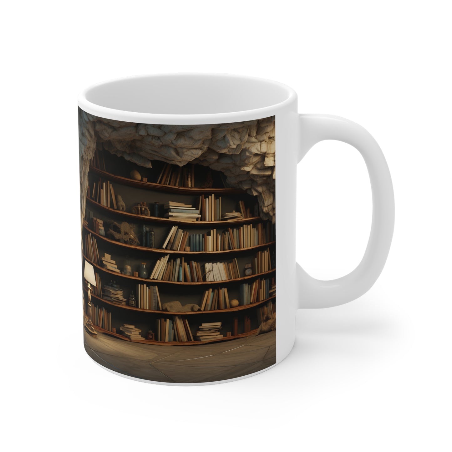 A vintage 3D bookshelf 11oz white Mug